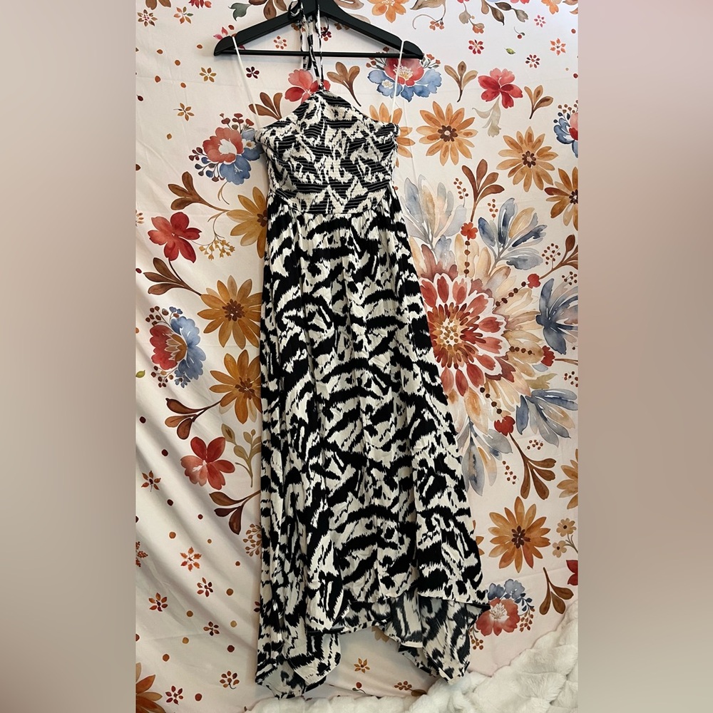Old Navy S Preppy Black Cream Abstract Cinched Top Halter Spring Fall Maxi Dress